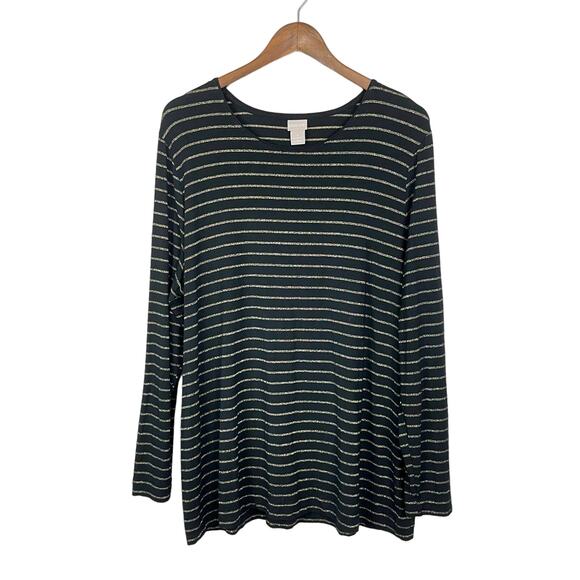 Chico’s | Striped Essential Layer Lurex Top Black & Gold Long Sleeve Stretch Tee - Picture 3 of 10
